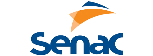 Logotipo do Senac RJ com símbolo gráfico em laranja e azul acompanhado do nome Senac RJ em letras azuis.